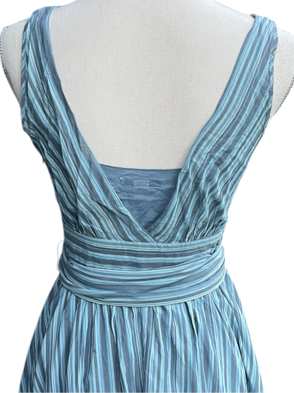 Banana Republic Aqua/Blue Stripe Cotton V-Neck Tie Waist A-Line Midi Dress (4) - Picture 9 of 16